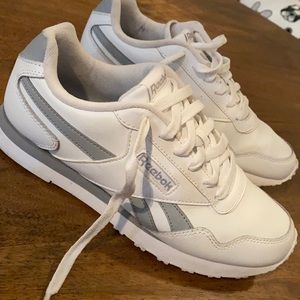 Reebok sneakers.  White, gray stripes.  7.5